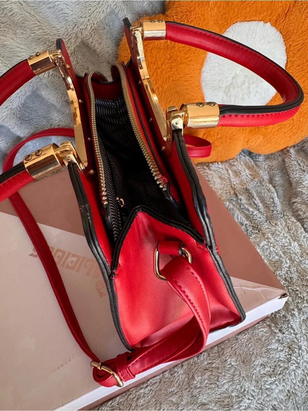 Red Structured Top-Handle Satchel with Gold Accent